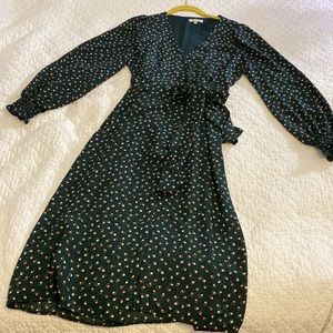 Max Studio Dark Green Wrap Dress with Cream and Pink Dot Print